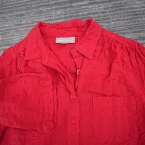 Woman Within Red Crinkle Seersucker Roll Tab Sleeve Button Up Shirt Size M 14/16